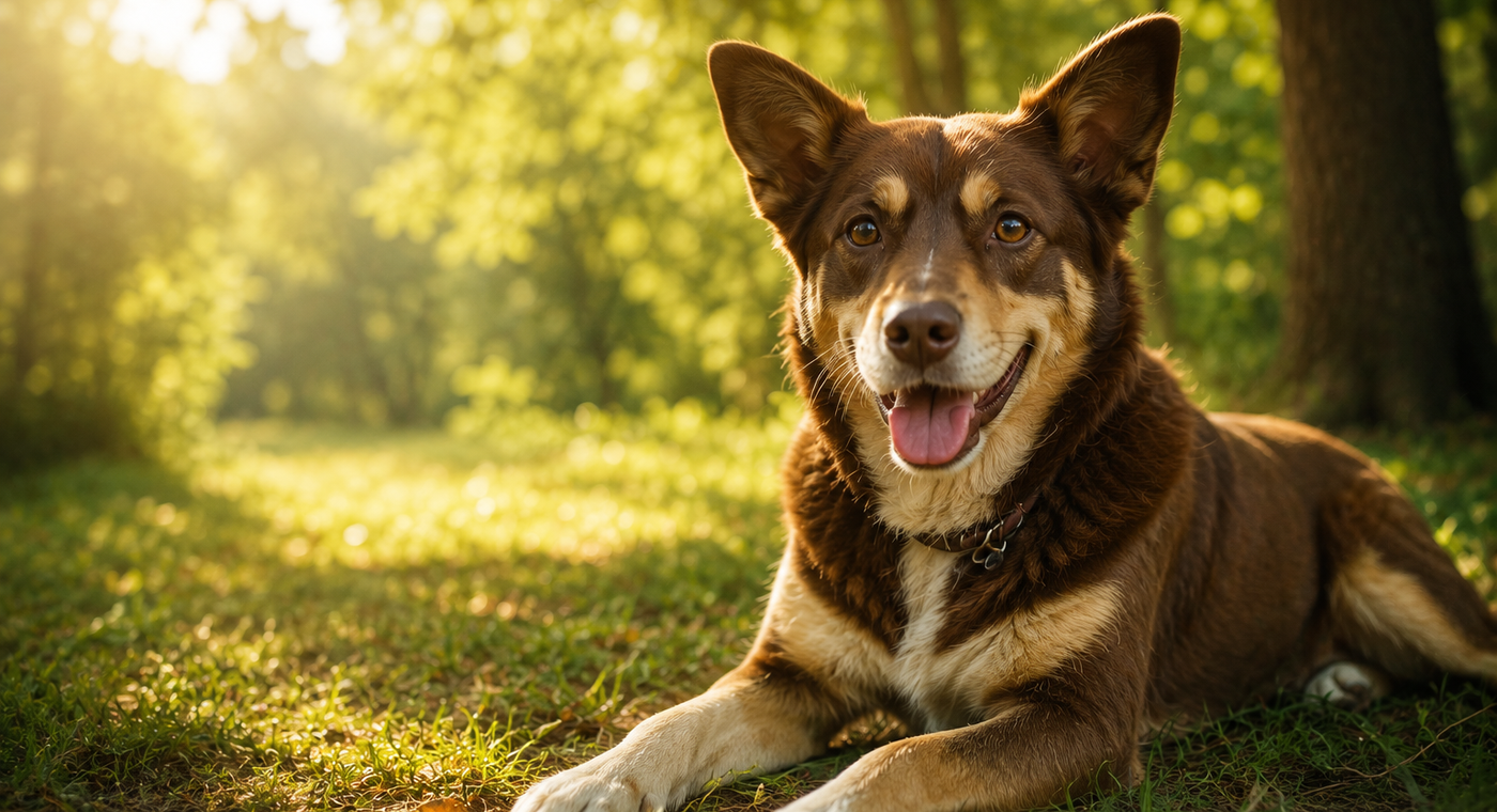 Fröhlicher Hund im goldenen Sonnenlicht