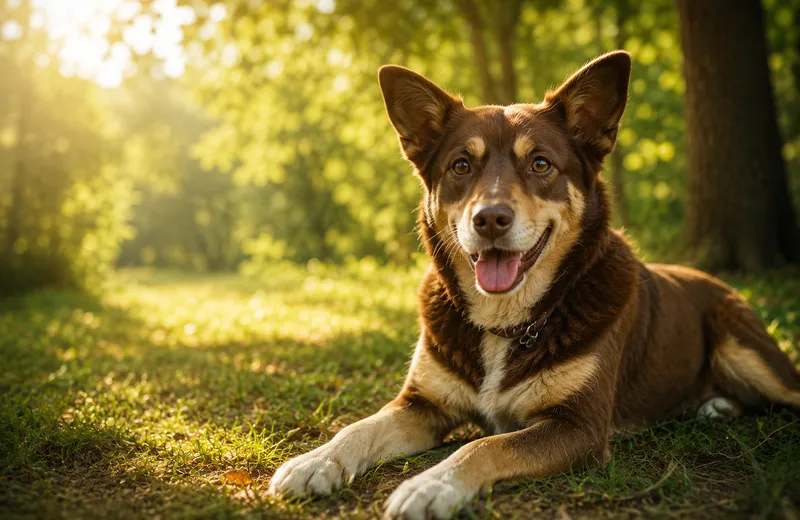 Fröhlicher Hund im goldenen Sonnenlicht