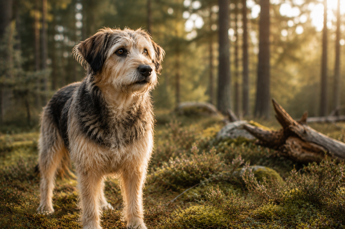 Mischlingshund im Wald als Symbolbild für Reico MAXiDOG Cura Rotwild Nassfutter