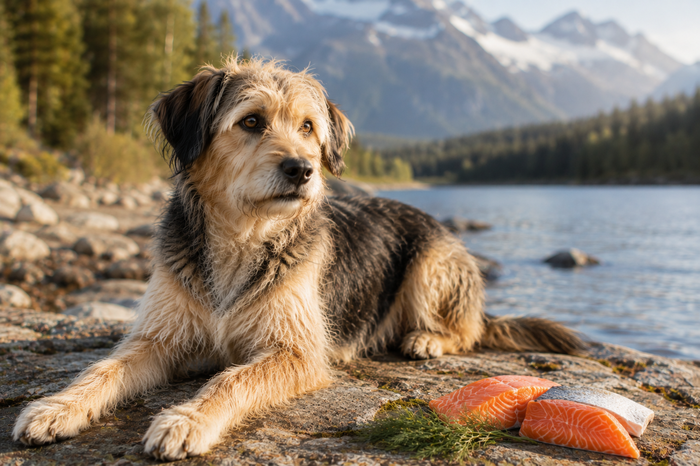 Mischlingshund am See mit Lachs als Symbolbild für Reico MAXiDOG Cura Lachs Nassfutter