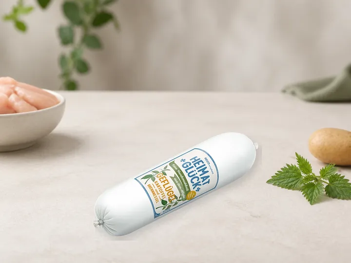 HEIMATGLÜCK Geflügel als Kategorie-Vorschau mit illustrativen Hinweisen auf Geflügel, Kartoffel, Brennnessel; offizielles Produktmotiv für Nassfutter für Hunde.