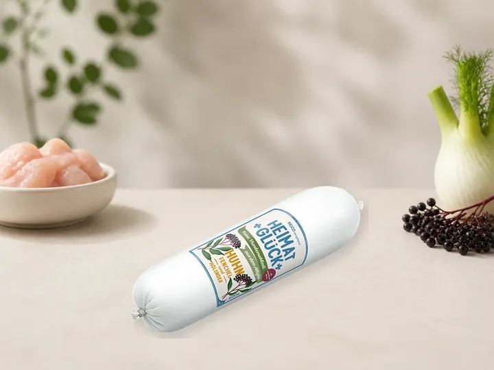 HEIMATGLÜCK Huhn als Kategorie-Vorschau mit illustrativen Hinweisen auf Huhn, Fenchel, Holunder; offizielles Produktmotiv für Nassfutter für Hunde.