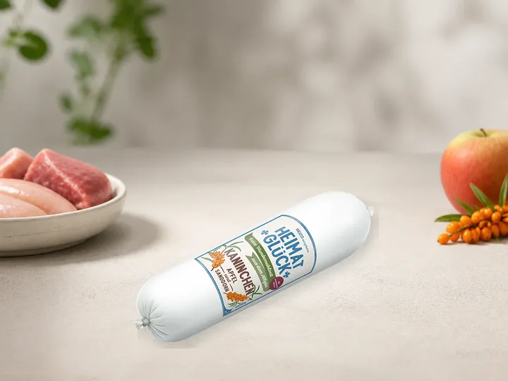 HEIMATGLÜCK Kaninchen als Kategorie-Vorschau mit illustrativen Hinweisen auf Kaninchen, Huhn, Apfel, Sanddorn; offizielles Produktmotiv für Nassfutter für Hunde.