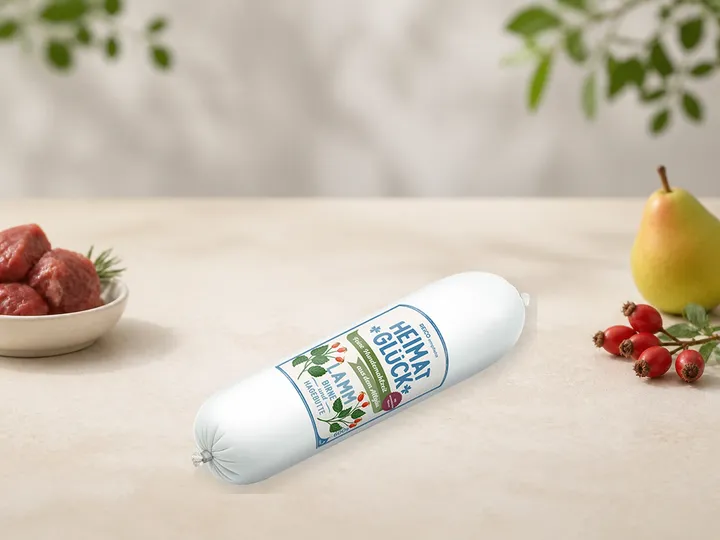 HEIMATGLÜCK Lamm als Kategorie-Vorschau mit illustrativen Hinweisen auf Lamm, Birne, Hagebutte; offizielles Produktmotiv für Nassfutter für Hunde.