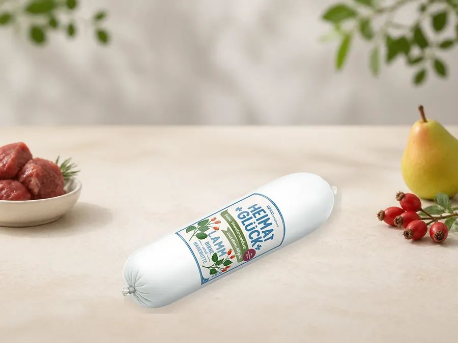 HEIMATGLÜCK Lamm als Kategorie-Vorschau mit illustrativen Hinweisen auf Lamm, Birne, Hagebutte; offizielles Produktmotiv für Nassfutter für Hunde.