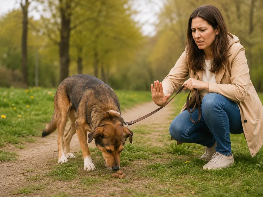 Hund schnuppert an Kot auf einem Spazierweg, während seine Halterin ihn davon abhalten möchte