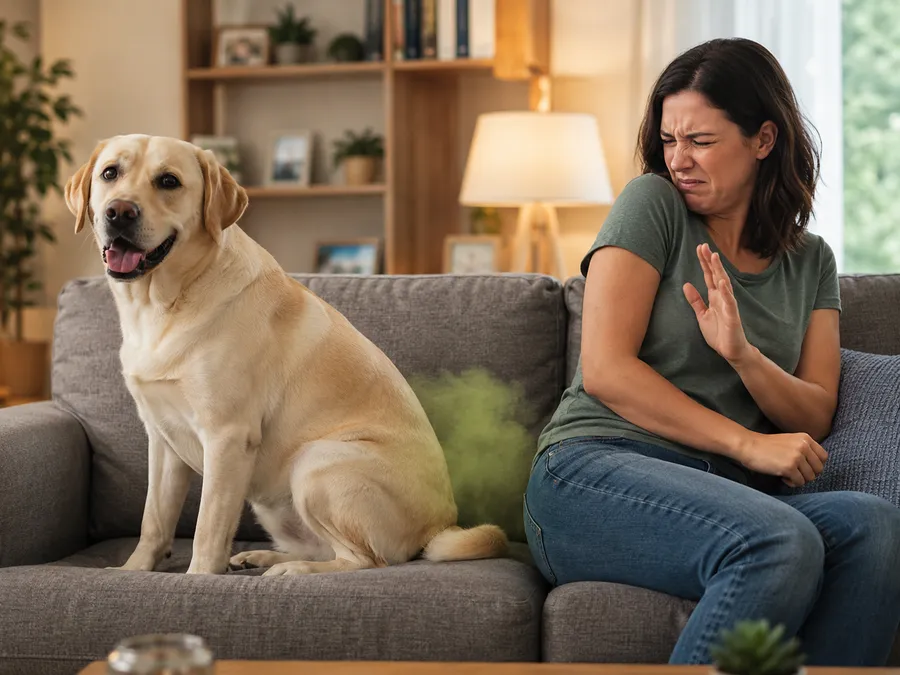 Hund mit Blähungen sitzt neben seiner Besitzerin, die wegen des Geruchs zurückweicht