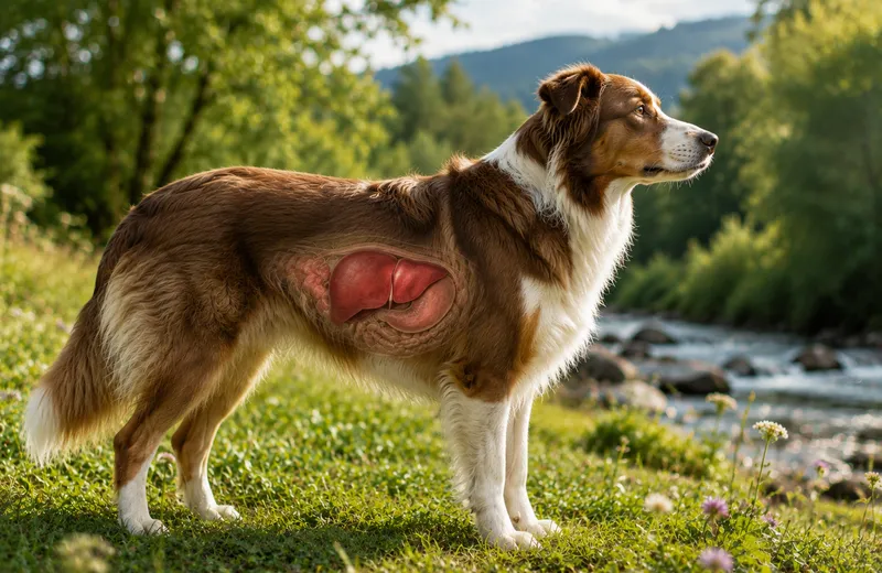Hund in Seitenansicht mit symbolischer Darstellung der Leber – KI-generiertes Symbolbild