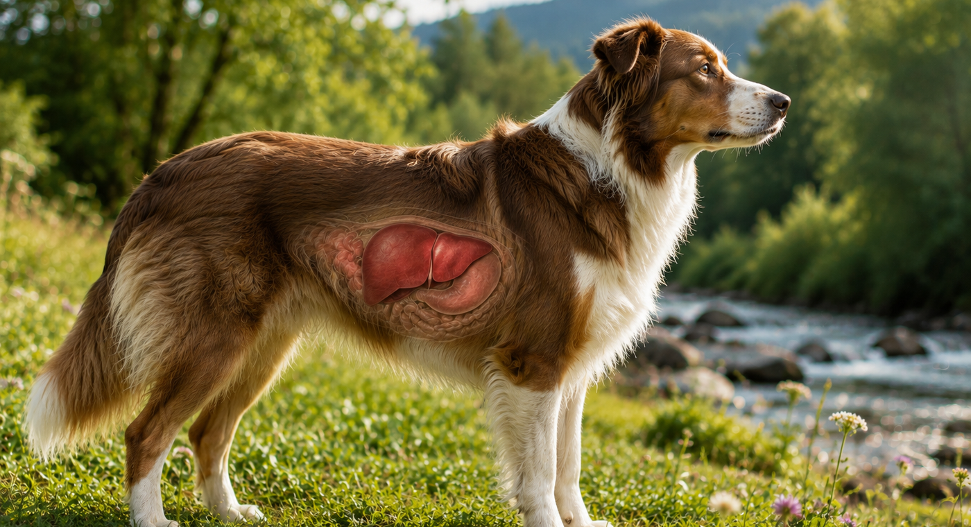 Hund in Seitenansicht mit symbolischer Darstellung der Leber – KI-generiertes Symbolbild