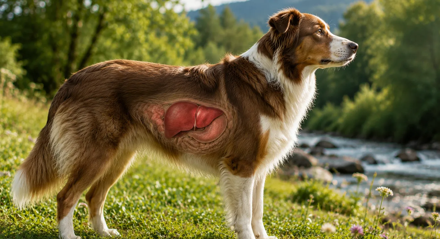 Hund in Seitenansicht mit symbolischer Darstellung der Leber – KI-generiertes Symbolbild