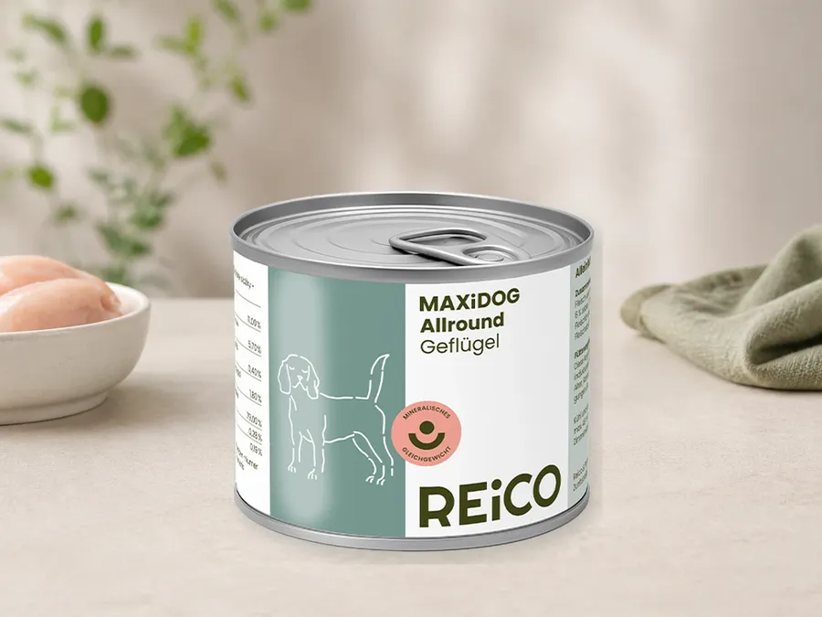 MAXiDOG Allround Geflügel als Kategorie-Vorschau mit illustrativen Hinweisen auf Geflügel; offizielles Produktmotiv für Nassfutter für Hunde.