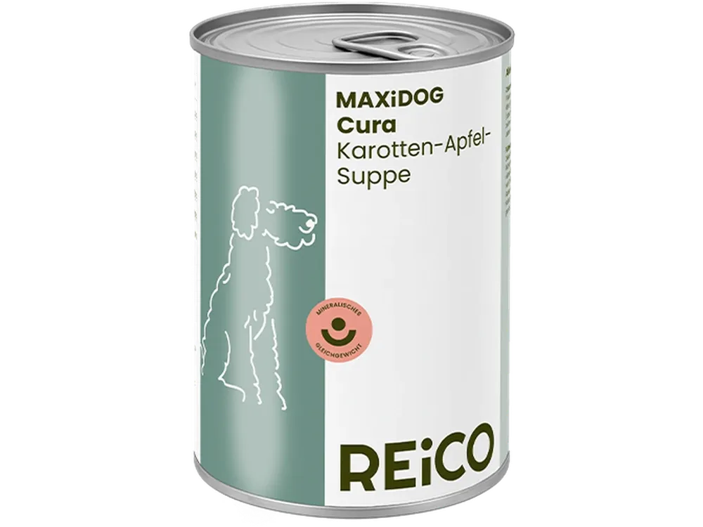MAXiDOG Cura Karotten-Apfel-Suppe, 400 g – offizielles REiCO Produktmotiv, freigestellt auf transparentem Hintergrund.