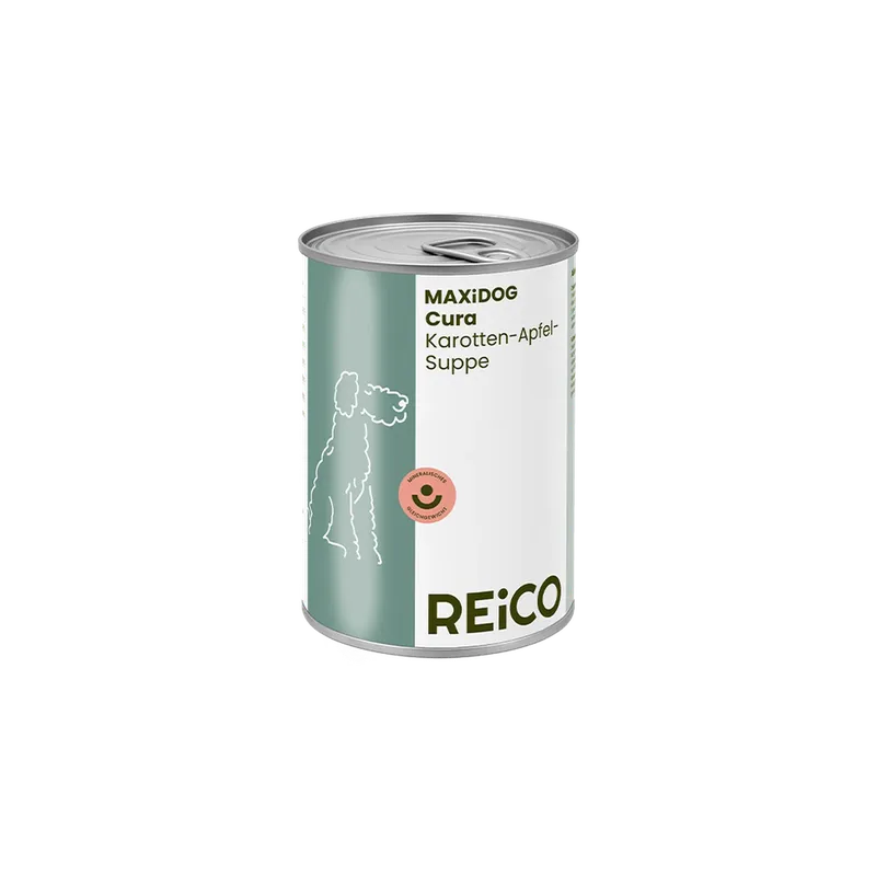 MAXiDOG Cura Karotten-Apfel-Suppe, 400 g – offizielles REiCO Produktmotiv, freigestellt auf transparentem Hintergrund.