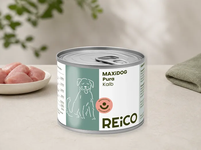 MAXiDOG Pura Kalb als Kategorie-Vorschau mit illustrativen Hinweisen auf Kalb; offizielles Produktmotiv für Nassfutter für Hunde.