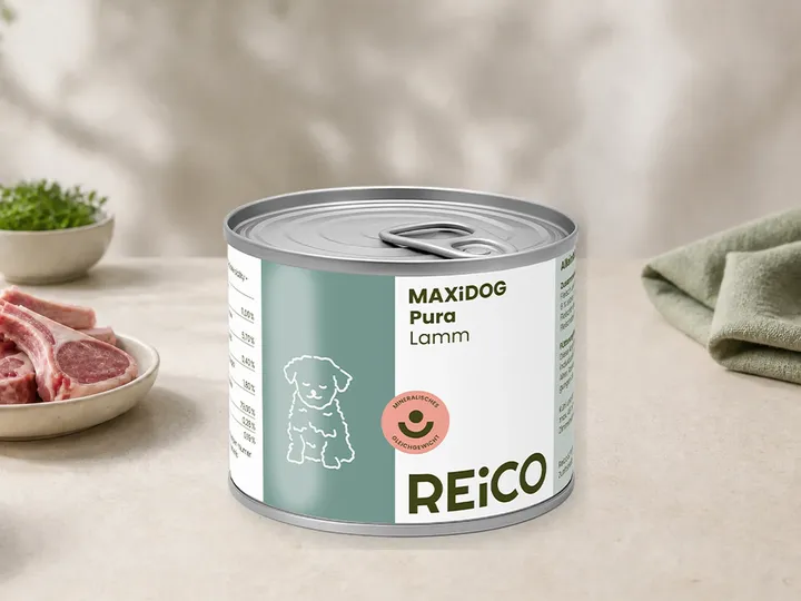MAXiDOG Pura Lamm als Kategorie-Vorschau mit illustrativen Hinweisen auf Lamm; offizielles Produktmotiv für Nassfutter für Hunde.