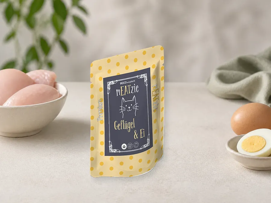 mEATzie Geflügel & Ei als Kategorie-Vorschau mit illustrativen Hinweisen auf Geflügel, Ei; offizielles Produktmotiv für Nassfutter für Katzen.