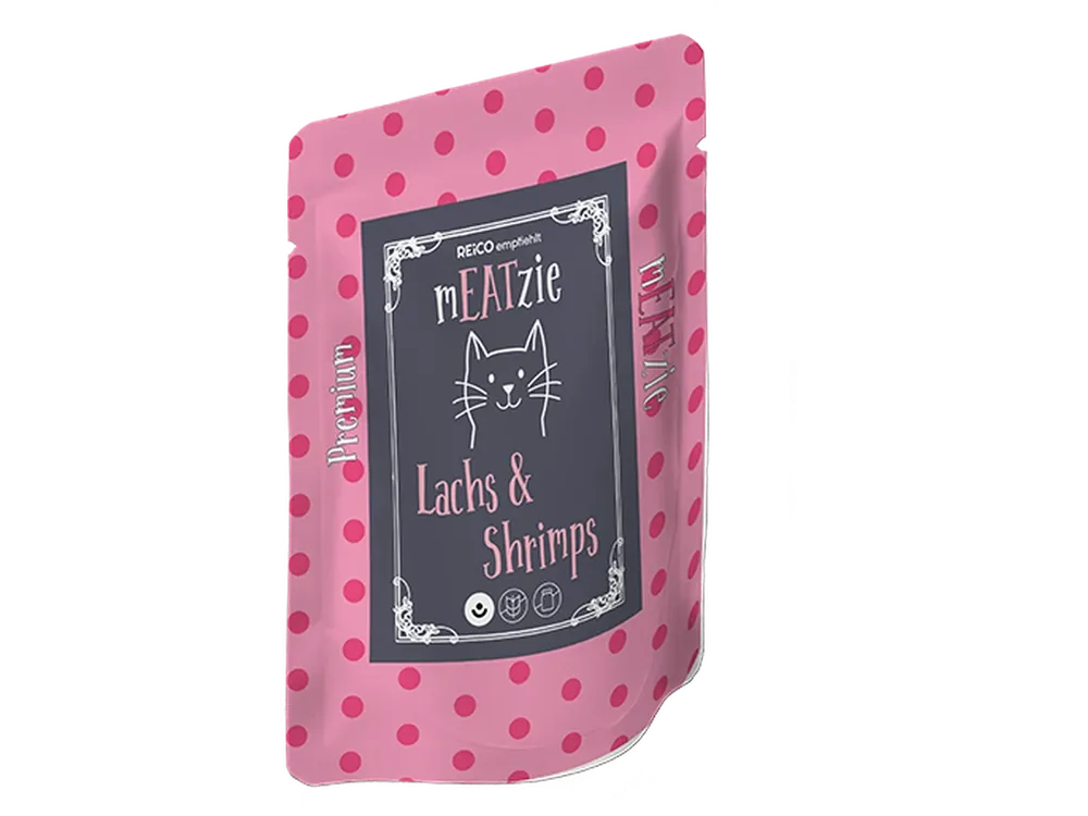 mEATzie Lachs & Shrimps – offizielles REiCO Produktmotiv, freigestellt auf transparentem Hintergrund.